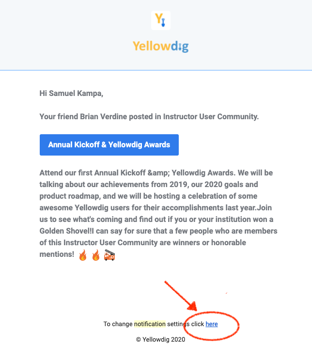 Sample Yellowdig notification email