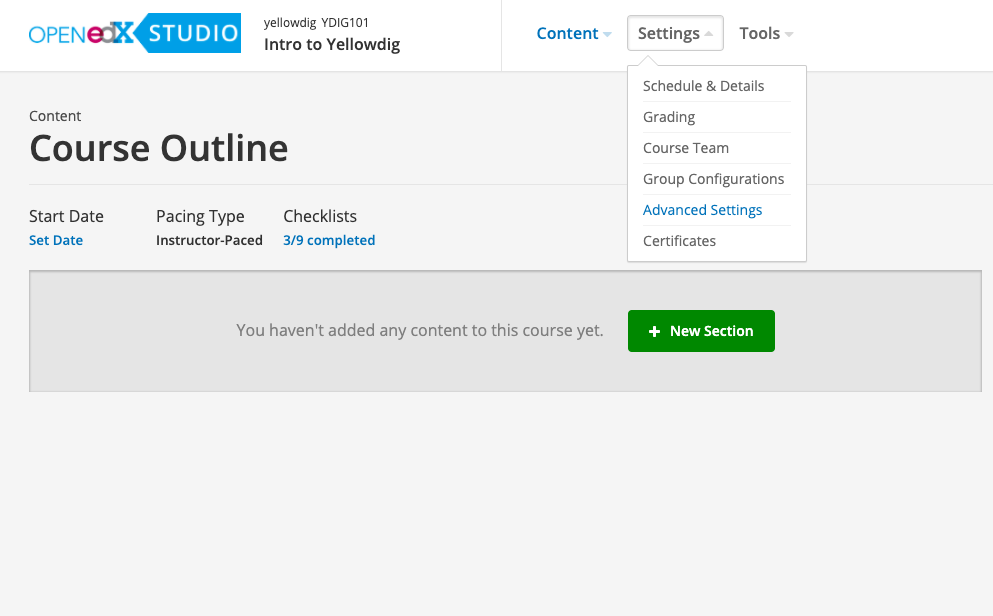 Screenshot of Settings, Advanced Settings menu in Open edX