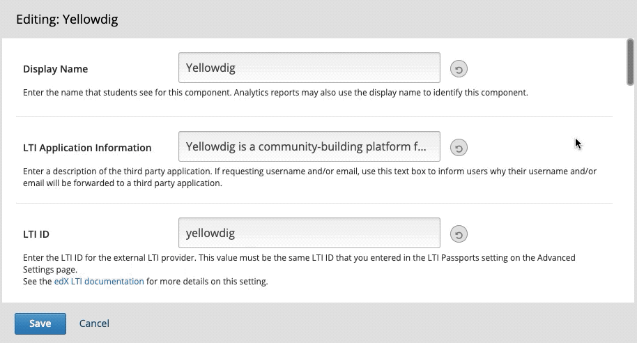GIF scrolling through LTI consumer tool config screen ('Editing: Yellowdig')
