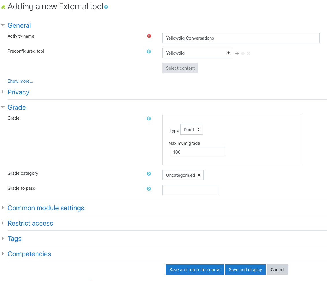 Screenshot of Adding a New External Tool page. Grade type is Point, and Maximum Grade is 100.