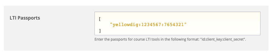 Screenshot of LTI Passports field with content: [yellowdig:1234567:7654321]