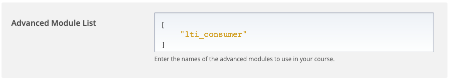 Screenshot of Advanced Module List field with content: ['lti_consumer']