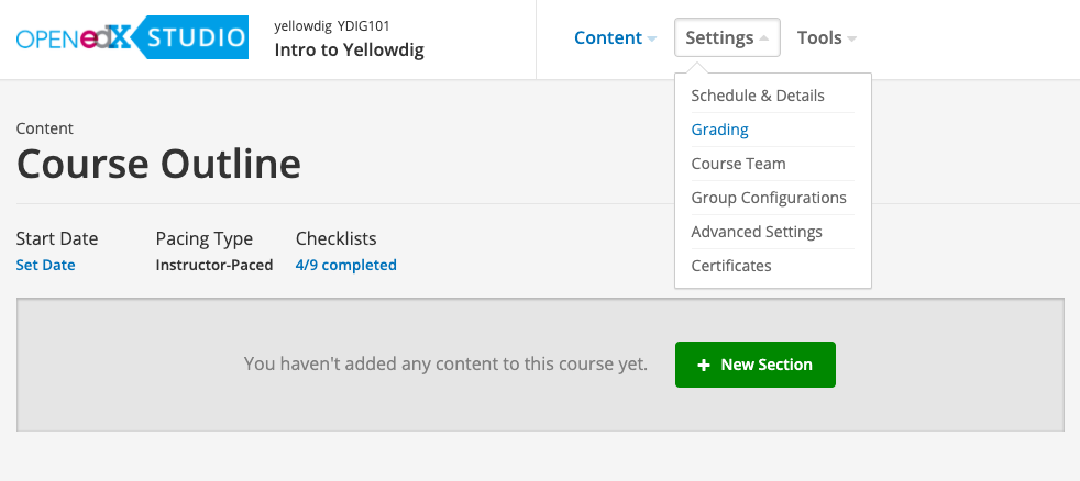 Screenshot of Settings, Grading menu