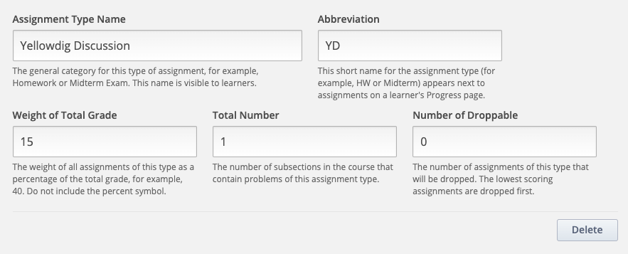 Screenshot of Assignment creation screen with above settings