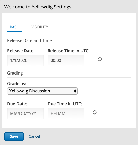Screenshot of Welcome to Yellowdig Settings, via gear icon