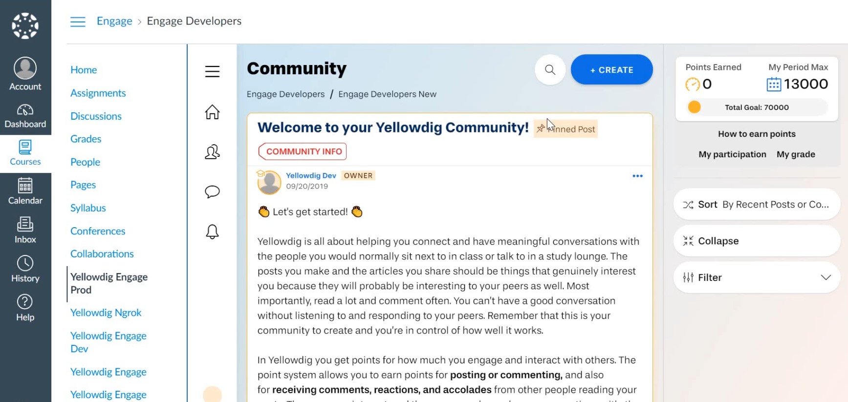 View of Yellowdig Community inside Learning Management System course shell