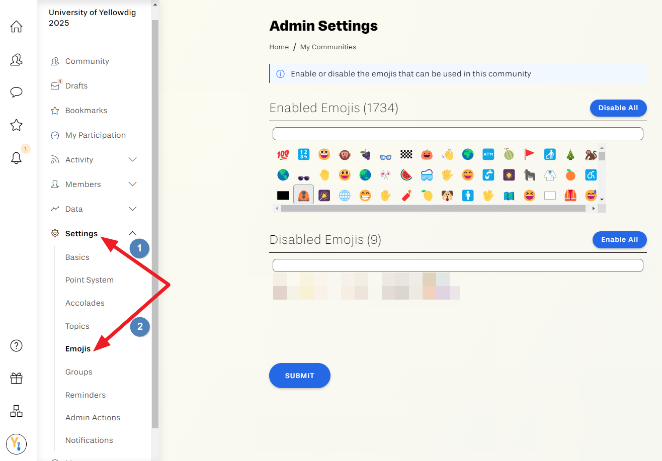Screenshot depicting steps listed above to enable or disable Emojis