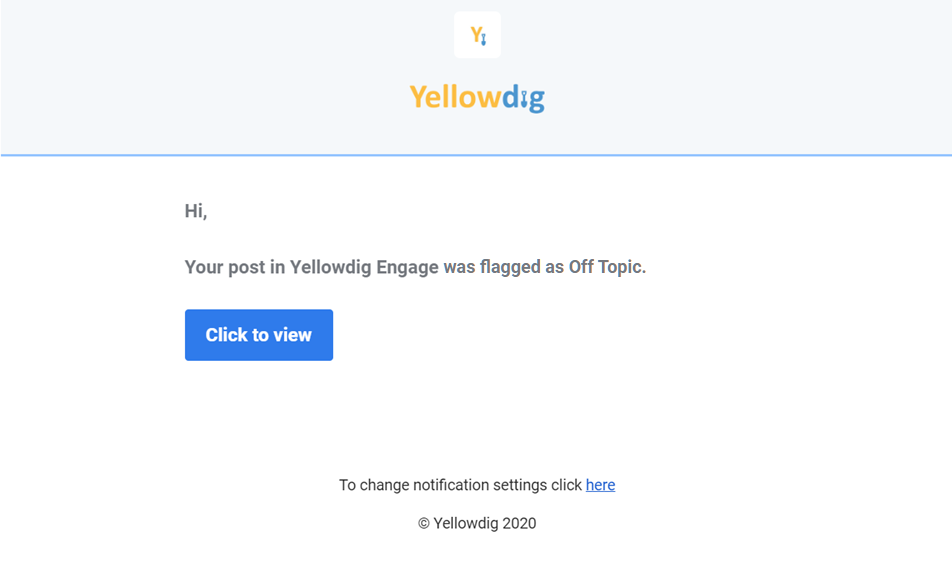 Screenshot of Yellowdig email notifying student that their post has been flagged