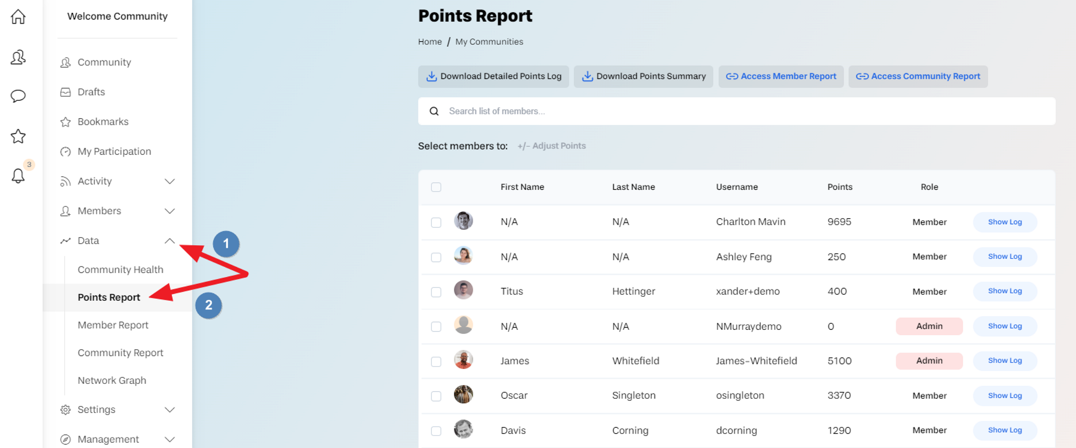 Screenshot depicting Points Report tab