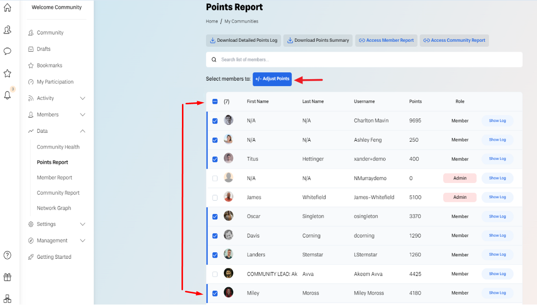 Screenshot depicting Points adjustment